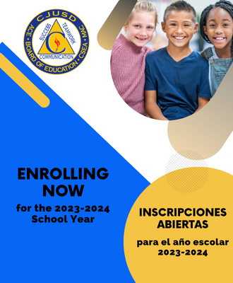  "enrolling now for the 2023-24 school year" with district logo and photo of three smiling children